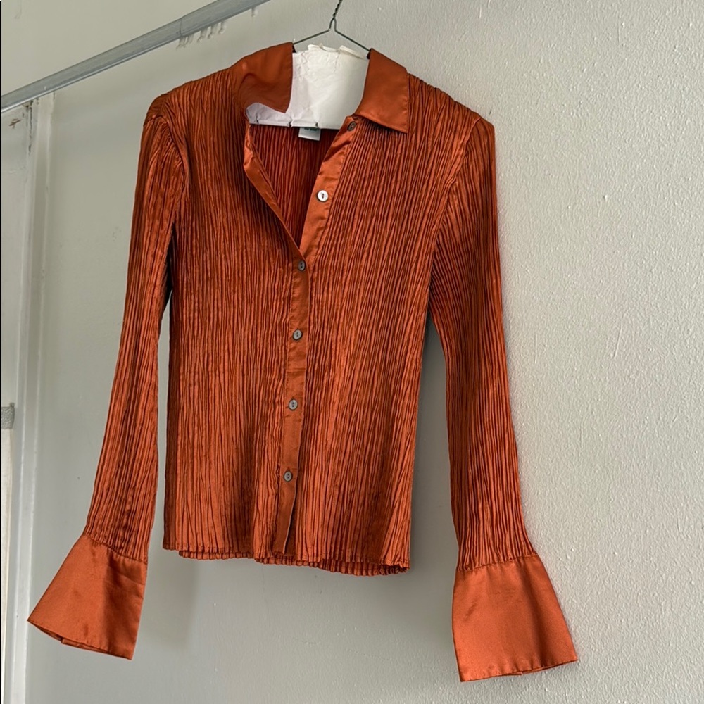 Orange Pleated Long Sleeve Button Down Blouse